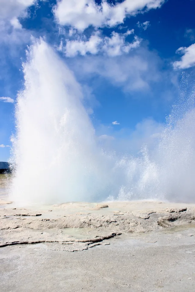 Sunlit geyser spray filling the frame