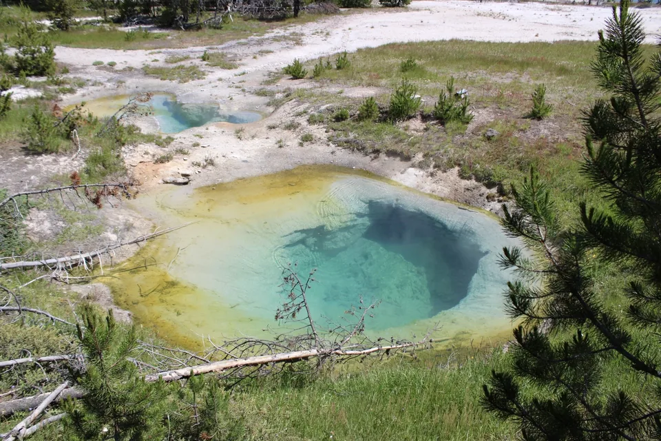 A turquoise hot spring set in a green meadow